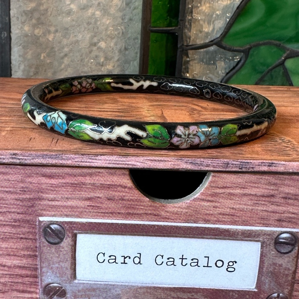 Vintage RARE FIND! Cloisonné Bangle Bracelet Chinese Floral Inlay W Gold Accent